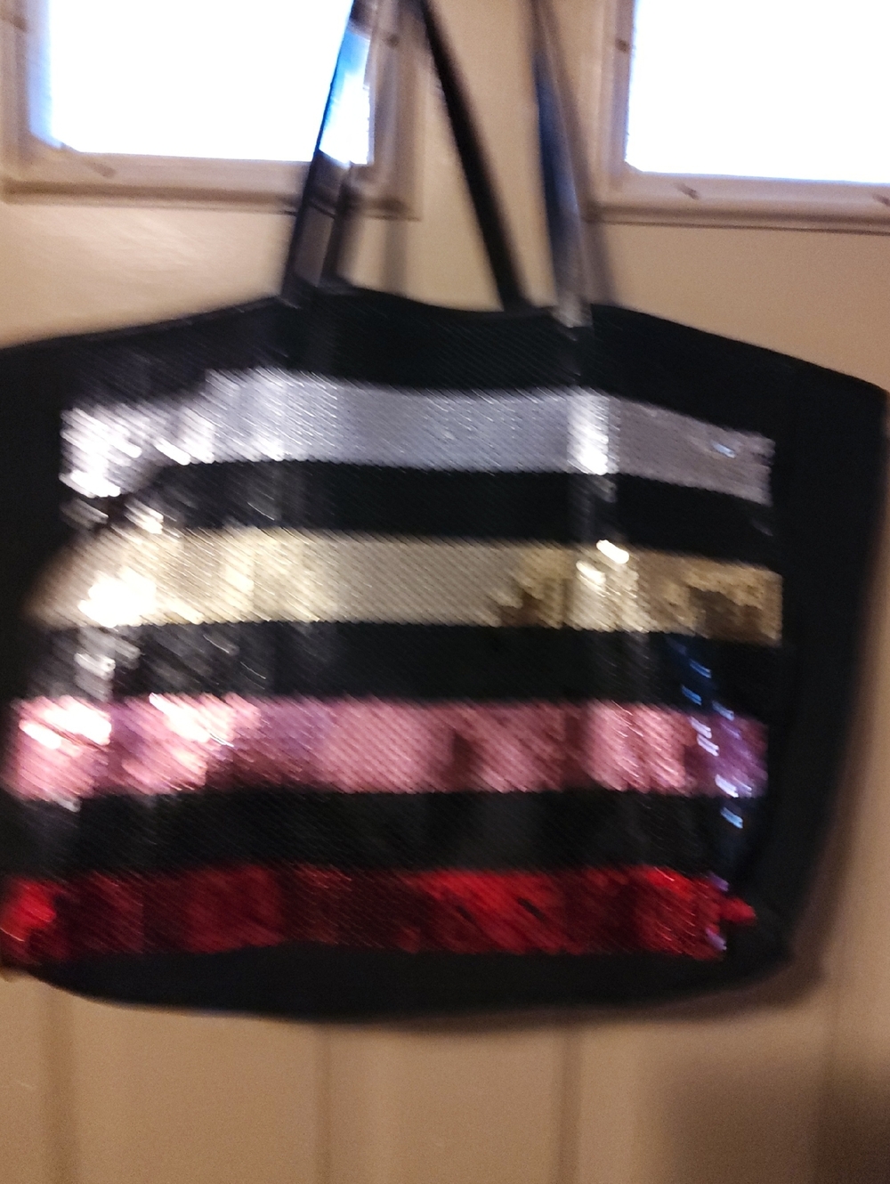 Victoria's Secret Black Tote with Silver, Gold, Pink & Red Sequin Stripes